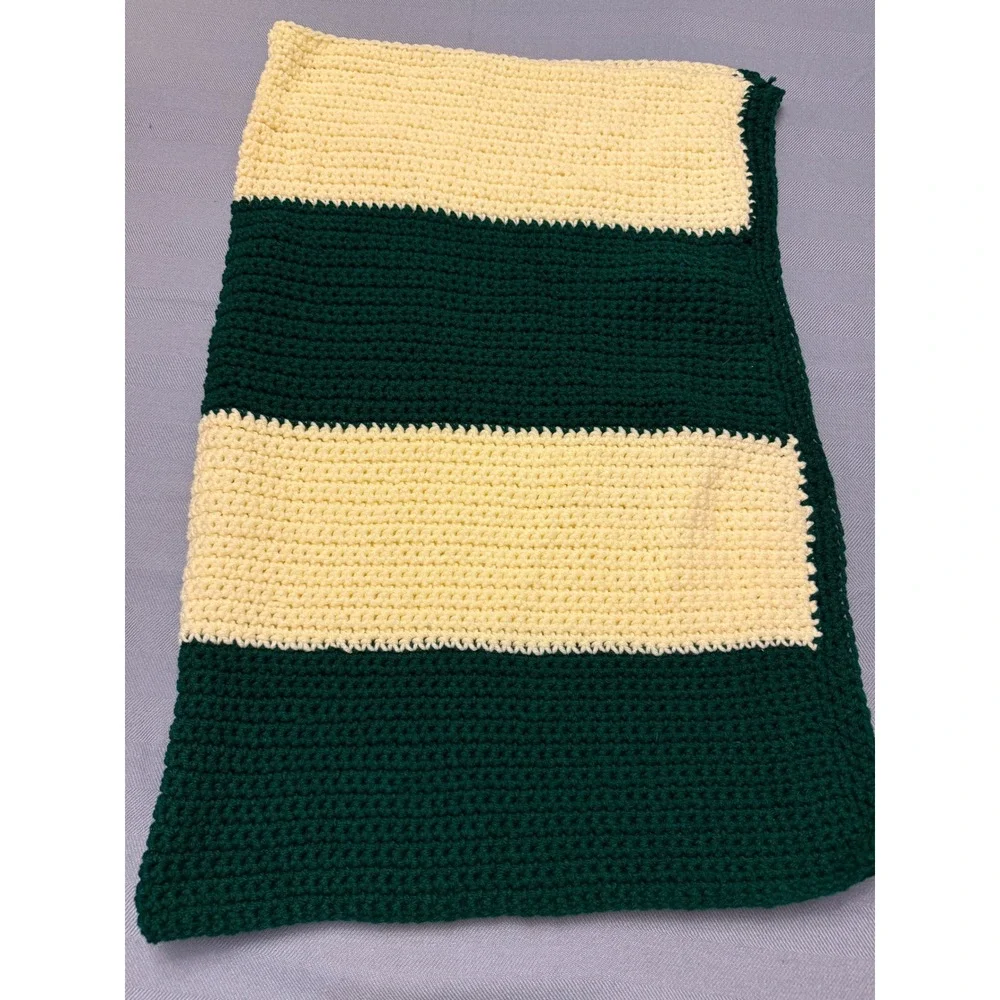 Handmade Crochet Baby Blanket Forest Green Pale Yellow Striped Stroller Throw